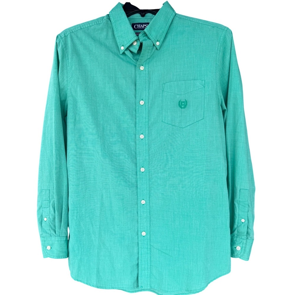 Chaps Button-Down Shirt Men Medium Green Easy Care Long Sleeve Classic Crest